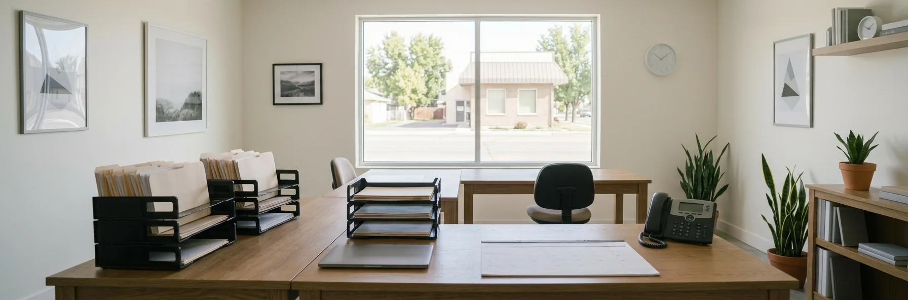 An accounting office with document trays of sorted folders, a closed laptop, a blank desk planner and a desk phone, in front of a window looking onto trees and a street.