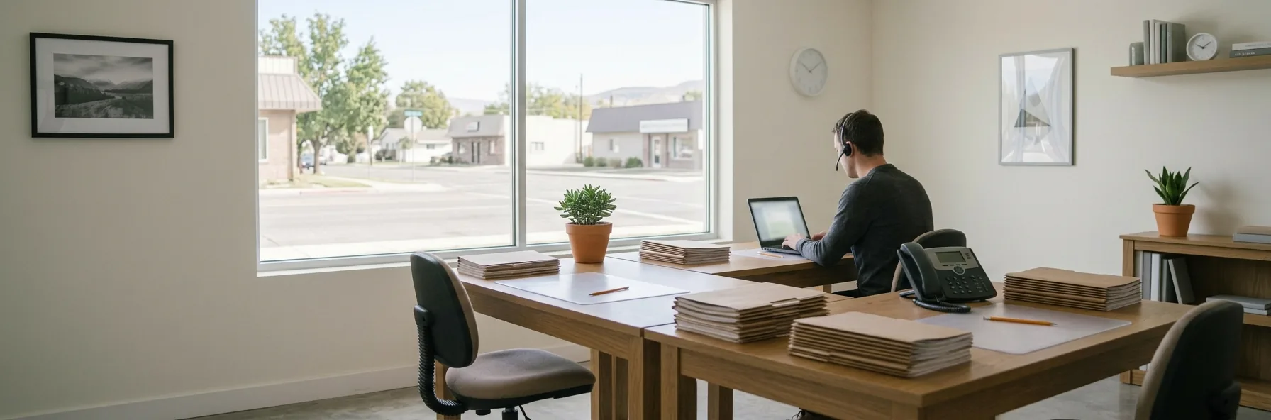 A small agency office with two facing desks, stacked paper folders and a desk phone, beside a large window onto a street, with one person in a headset working at a laptop with their back to the room.