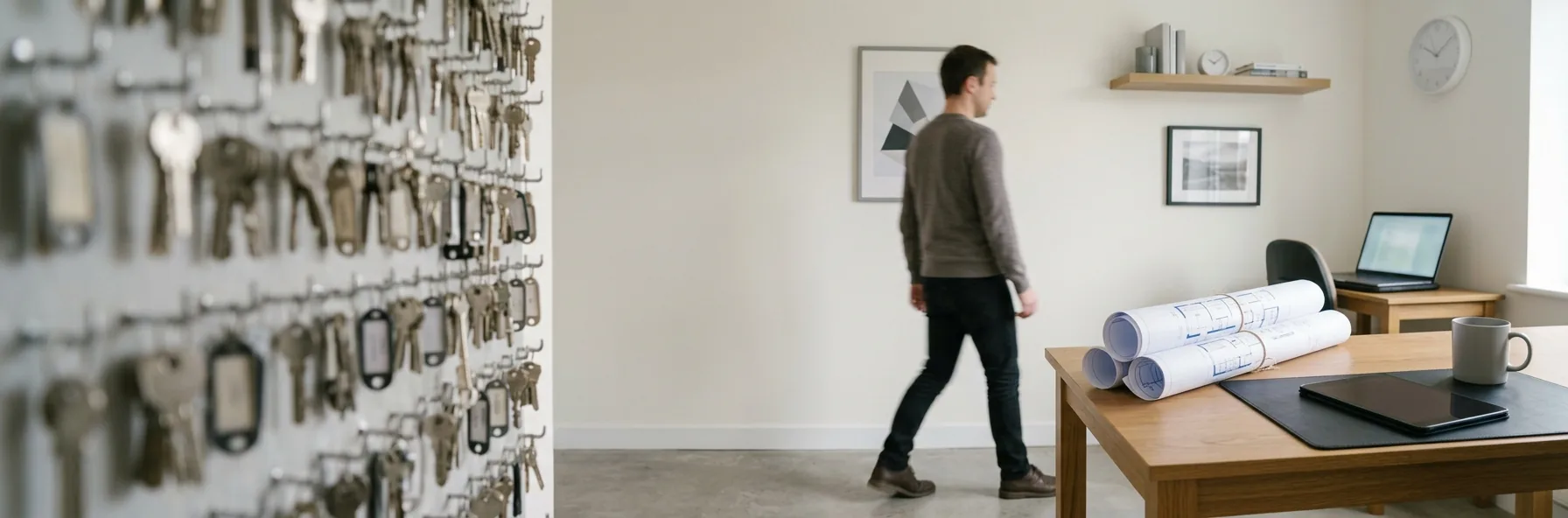 A property management office: a wall of hanging keys in the foreground, rolled floor plans and a tablet on a desk to the right, and one person walking through the room behind.