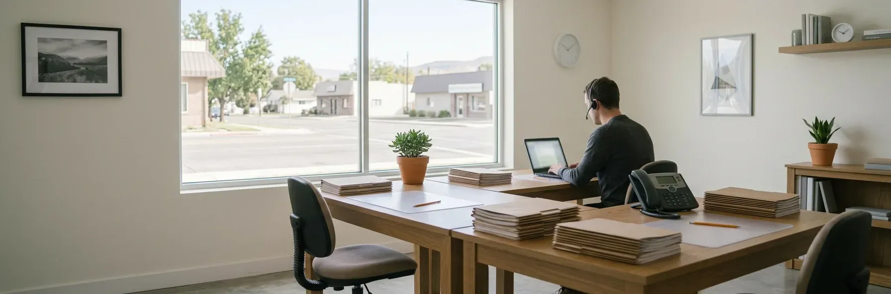 A small agency office with two facing desks, stacked paper folders and a desk phone, beside a large window onto a street, with one person in a headset working at a laptop with their back to the room.