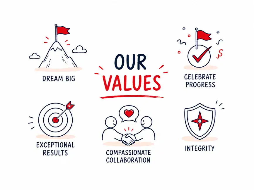 Our values: Dream Big, Celebrate Progress, Deliver Exceptional Results, Collaborate with Compassion, Anchor with Integrity