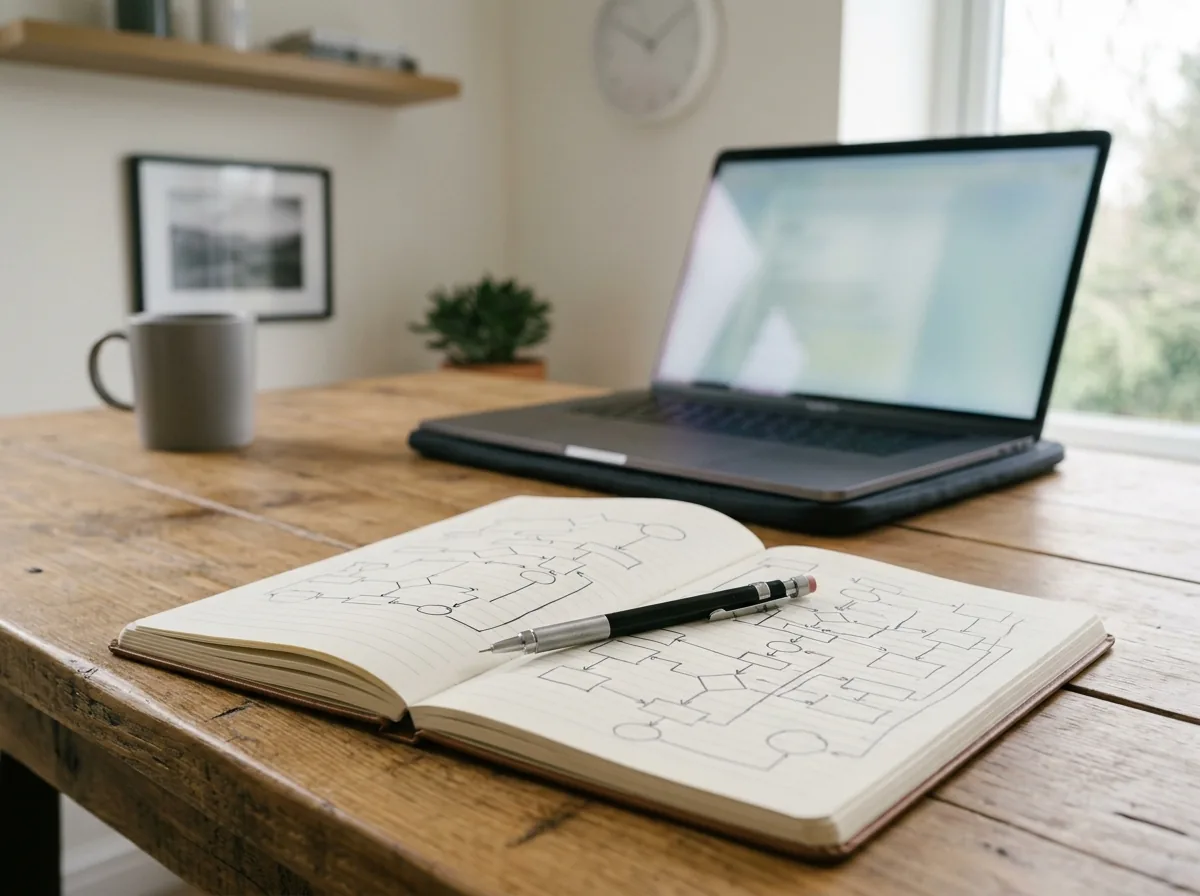 An open notebook on a wooden desk, both pages filled with hand-drawn flowchart boxes and arrows, a mechanical pencil resting across it and an open laptop pushed back behind.
