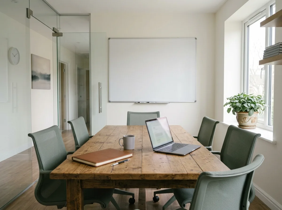A small meeting room with a blank whiteboard on the wall, a wooden table holding an open laptop, a notebook and a mug, mesh chairs around it and a glass partition to one side.